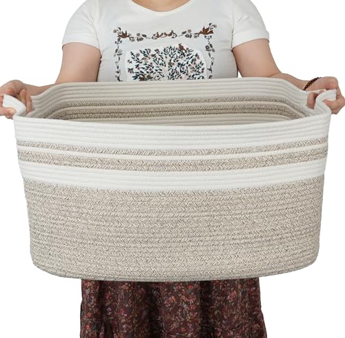 XUANGUO Large Woven Cotton Rope Blanket Basket 22"x17"x12" White Brown - color: white and brown