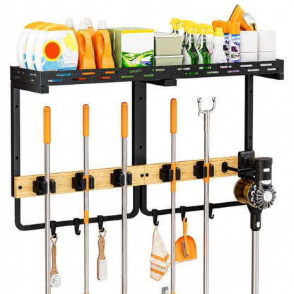 Large Broom Holder and Mop Organizer Wall Mount with Shelf - size: Large