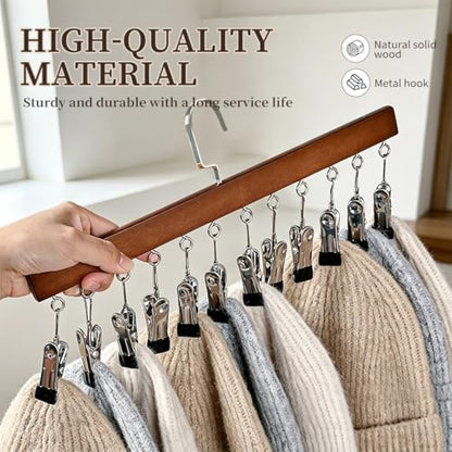 2 Pack Wooden Pants Hangers with 12 Clips, Space Saving Hanging Closet Organizer, Multi-Purpose Hanger for Leggings, Socks, Underwear, Bras, Towels, Closet Storage Solution (Retro) - color: Retro