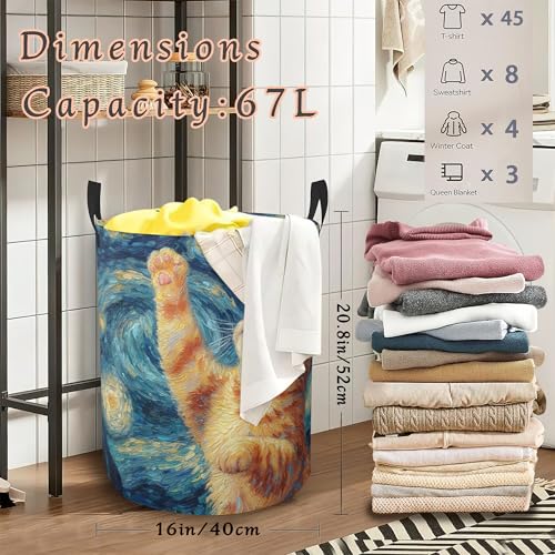 Cute Cat Laundry Hamper with Handles,Starry Night Moon Collapsible Waterproof Storage Basket for Dirty Clothes Books Round Organizer Bin for Bathroom Bedroom College Dorms 16" x 20.8" - color: Cute Cat Starry Night Moon
