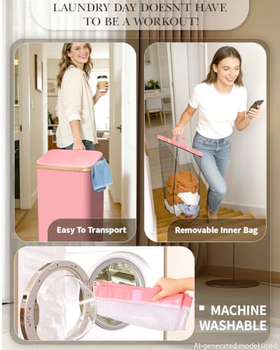 Laundry Hamper with Wheels, 75L Rolling Laundry Basket, Removable Inner Bag - color: Pink, size: 75L