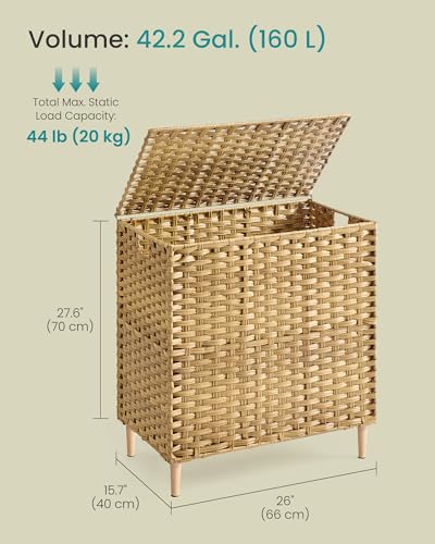SONGMICS 3-Section Laundry Hamper with Lid, PE Rattan, 42 Gallons (160 L) - color: Goose Yellow, size: 160 L (3 Basket)