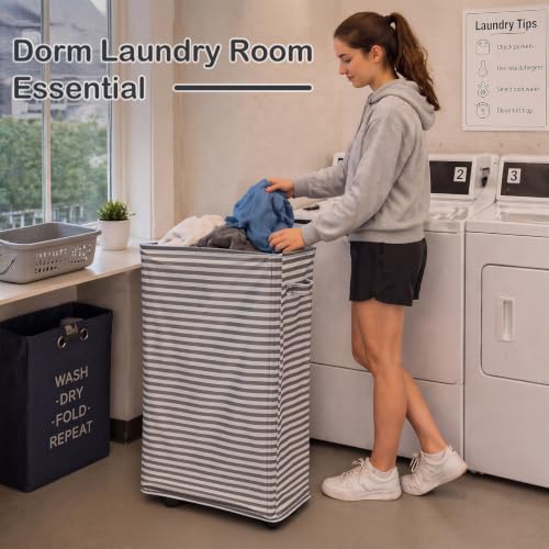 Hushee 2 Pcs Laundry Hamper with Wheels, 70 L Grey Striped Laundry Basket
