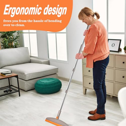 Silicone Air Broom,Multifunction Broom with Long Handle,Adjustable Rubber Sweeping Water,Pet Hair Remover for Carpet,Kitchen,Concrete Floor(Grey Orange)