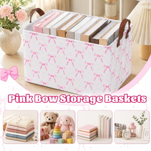 3 Pcs Pink Bow Storage Baskets for Gifts Empty Large, Coquette Room Decor, Toys Books Laundry Basket for Girls, Collapsible Canvas Fabric Pink Storage Bins With Handle for Bedroom Bathroom Nursery