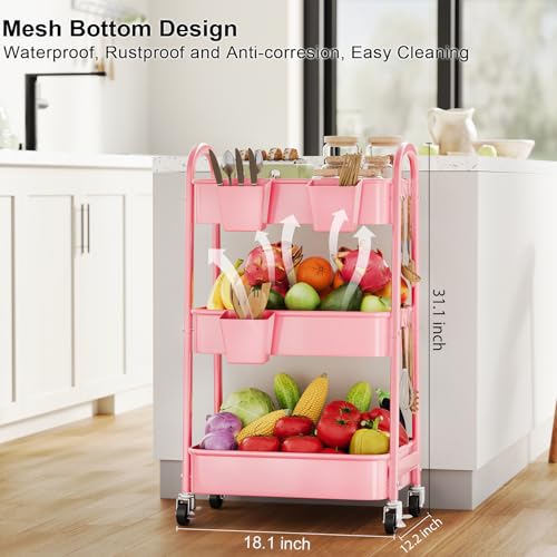3 Tier Rolling Storage Cart Metal with Wheels, Pink Three Tiered Craft Cart - color: Soft Pink