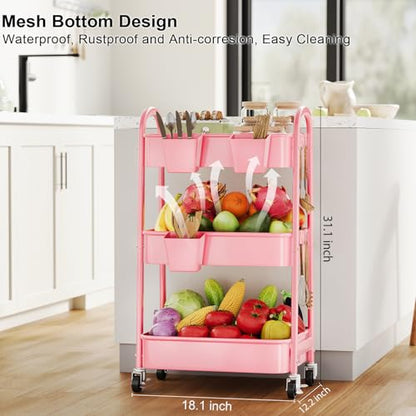3 Tier Rolling Storage Cart Metal with Wheels, Pink Three Tiered Craft Cart - color: Soft Pink