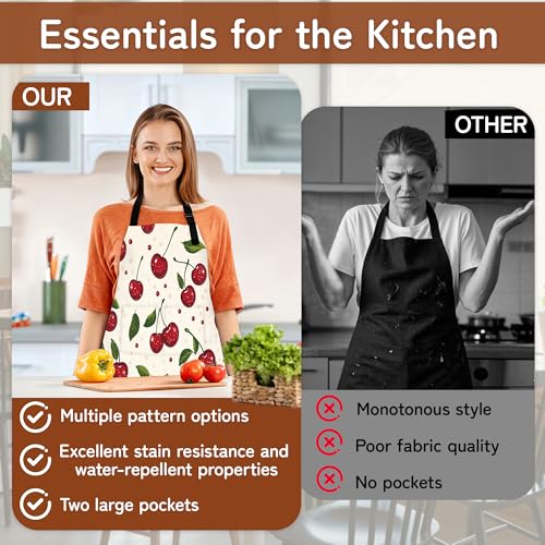 Cooking Aprons for Men and Women,Adjustable Bib Chef Apron with 2 Pockets, Soft and Durability Kitchen Apron - color: Cute Red Cherry
