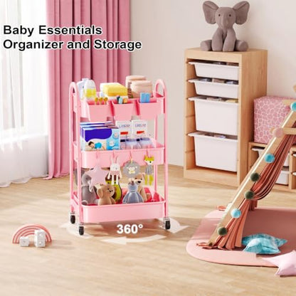 3 Tier Rolling Storage Cart Metal with Wheels, Pink Three Tiered Craft Cart - color: Soft Pink