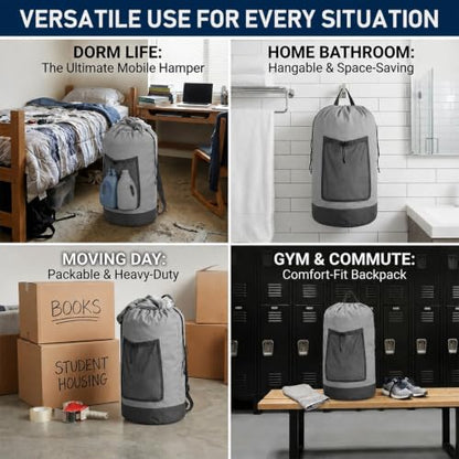 Backpack Laundry Bag, Durable polyster Laundry Backpack Bag with Shoulder Straps, Drawstring Closure & Mesh Pocket, Large Clothes Hamper for Dorm, Travel, Laundromat (Gray) - color: Gray