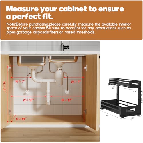 2-Pack 17"Deep Under Sink Organizer And Storage, 2-Tier L-Shaped Pull Out Cabinet Organizer with Upgraded Slide Rails, Height Adjustable Drawers for Kitchen&Bathroom, Extra-Large Storage Shelves–Black - color: Black, size: 2 Pack-17"Dx11.4"-16.34"H