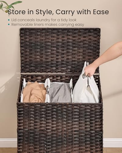 SONGMICS 3-Section Laundry Hamper with Lid, PE Rattan, 42 Gallons (160 L) - color: Chestnut Brown, size: 160 L (3 Basket)