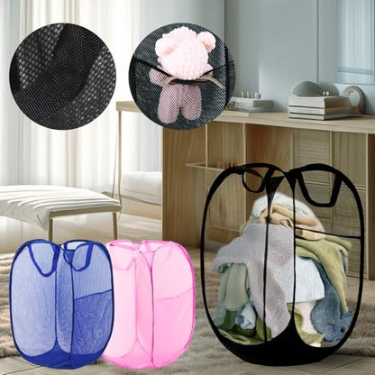Pop Up Laundry Hamper, Mesh Laundry Basket Collapsible, Foldable Hamper for Travel and Storage, 3 Pack (Black+Pink+Blue) - color: 3P Black+Pink+Blue