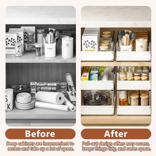 Pull Out Cabinet Organizer with Adhesive Nano Film, Heavy Duty Slide Out Pantry Shelves Drawer Storage, Metal Under Sink Organizers for Bathroom, Kitchen (White,11”W x 16.54”Dx 6.3”H)