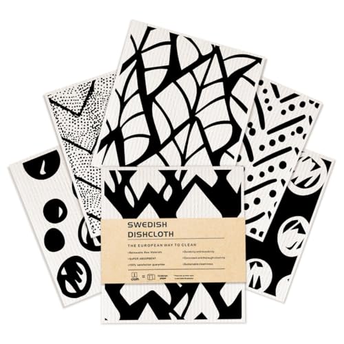 6 Pack Swedish Reusable Kitchen Dishcloths, Black White Geometric Cellulose Sponge Cloths, Washable Absorbent No Odor Eco Towels, Dish Washing Cleaning Supplies - color: Multi 1531