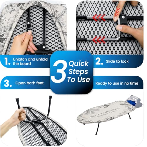 Metal Mesh Panel Tabletop Ironing Board | Foldable Iron Board | Heavy Duty Small Iron Board with Heat Resistant Cover and 100% Cotton 8mm Thicken Pad (Grey Leaves) - color: Grey Leaves