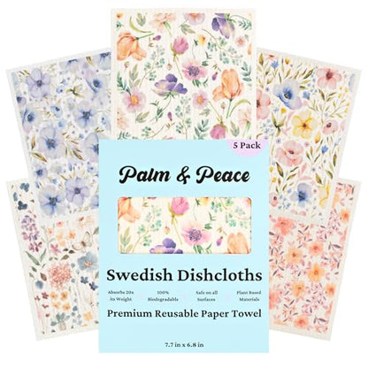 Palm & Peace Swedish Dishcloths for Kitchen - 5 Pack - Reusable Paper Towels - Super Absorbent, Non-Scratch, Washable, Sustainable, 100% Compostable Cleaning Cloths (Wildflowers) - color: Wildflowers