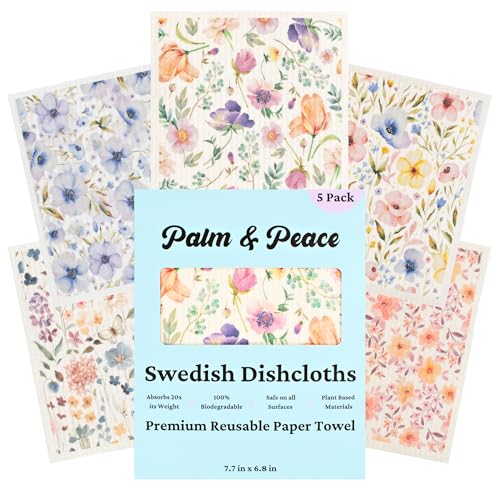 Palm & Peace Swedish Dishcloths for Kitchen - 5 Pack - Reusable Paper Towels - Super Absorbent, Non-Scratch, Washable, Sustainable, 100% Compostable Cleaning Cloths (Wildflowers) - color: Wildflowers