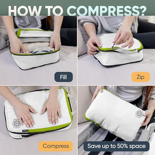 TRIPPED Travel Gear Large Compression Packing Cubes 7-Piece Set for Travel - color: White/Green