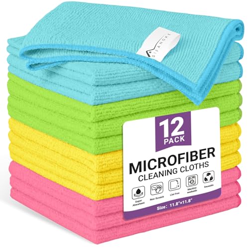 12 Pack Microfiber Cleaning Cloth, 4 Assorted Colors Cleaning Rags for Housekeeping, Colorful Reusable Microfiber Towels for Car, Kitchen, Bathroom and Household Cleaning Supplies, 11.8"X11.8" - color: B.4 Assorted Colors, size: 1 Count (Pack of 12)