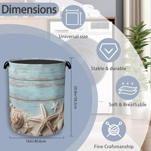 Starfish Seashell Laundry Basket,Vintage Wooden Oxford Cloth Laundry Hamper with Handle Foldable Portable Clothes Storage Basket for Bathroom Bedroom Dorm Room 16" x 20.8" - color: Starfish Seashell Vintage Wooden