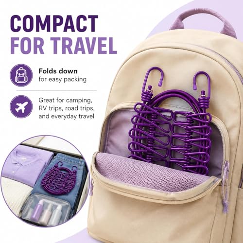 Portable Clothesline with 12 Clips, Stretch Travel Drying Rope with Stainless Steel Hooks for Camping Indoor Use.(Purple) - color: Purple