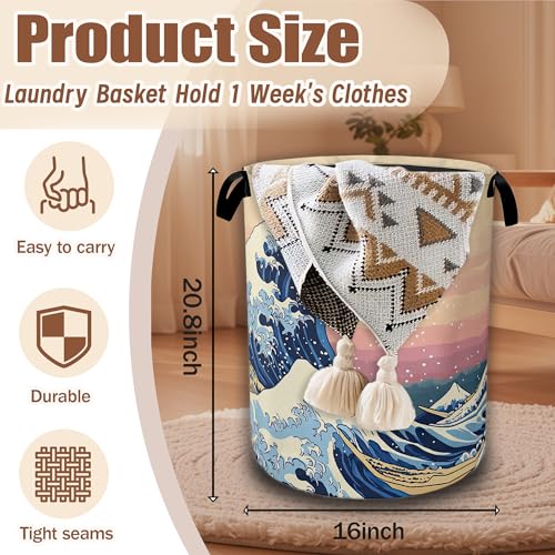 Japanese Ocean Waves Laundry Basket,Waterproof Foldable Laundry Hamper,Dirty Clothes Basket, Linen Bin Storage Organizer Collection 16" x 20.8" - color: Japanese Ocean Waves