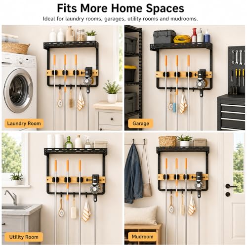 Small Broom Holder Wall Mount with Shelf, 3 Grippers and 3 Hooks - size: Small