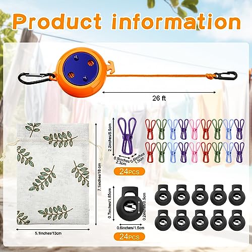 Windyun Portable Travel Clothesline Cord Adjustable 26ft Camping Clothes Line Laundry Drying Rope with 24 Colorful Windproof Clothespins 24 Stoppers 1 Storage Bag for Hotel Trip Cruise Outdoor Indoor