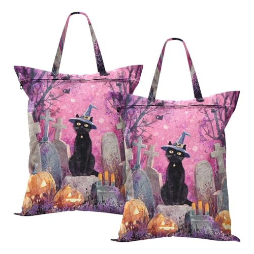 Travel Laundry Bags 2 PC Wet Dry Bag with Handle Dirty Clothes Organizer for Swimsuits Beach Camping Waterproof Washable Halloween Cat Tombstone Purple - color: Halloween Cat Tombstone Purple