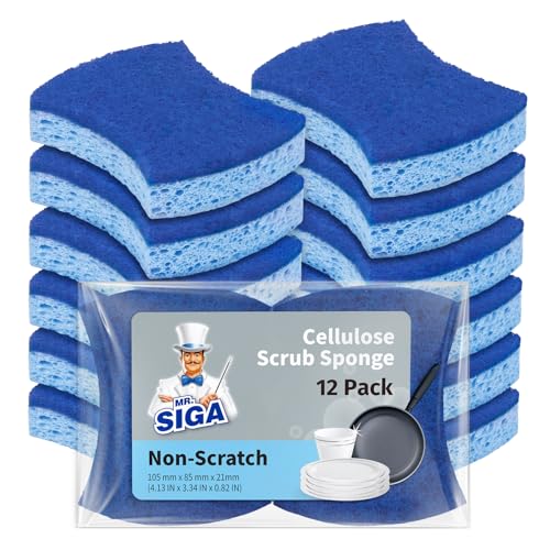 MR.SIGA Non-Scratch Cellulose Scrub Sponge, Dual-Sided Dish Sponge, 12 Pack - color: Royal Blue, Light Blue