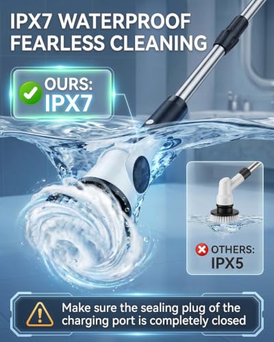 Electric Spin Scrubber, 3-Speed Shower Scrubber with Long Handle & 10 Replaceable Brush Heads, Cordless Shower Cleaner Brush with 90 Mins Runtime & Full-Body IPX7 Waterproof for Bathroom Kitchen