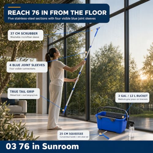 Window Cleaning Kit with 3 Gallon Bucket, 76" Extendable Window Squeegee and Microfiber Scrubber, Complete Window Washing Tools with Spray Bottle, Brush, Cloth and Funnel for Home and Commercial Use