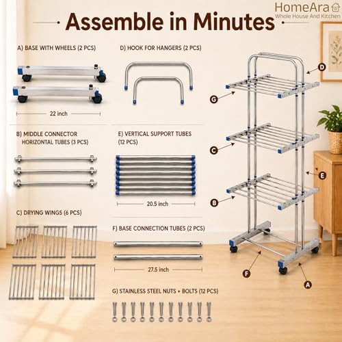 Heavy Duty Foldable Cloth Drying Stand, 3 Tier Mirror Finish Laundry Racks Clothes Stand Cloth Drying Rack Foldable and Movable Large Stainless Steel