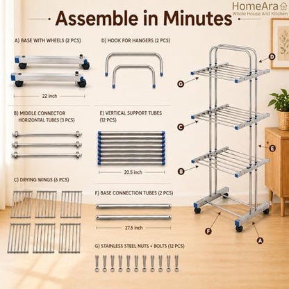 Heavy Duty Foldable Cloth Drying Stand, 3 Tier Mirror Finish Laundry Racks Clothes Stand Cloth Drying Rack Foldable and Movable Large Stainless Steel