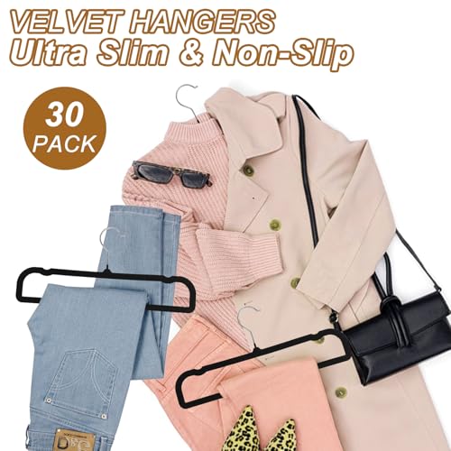 Pants Hangers Space Saving, 30 Pack Velvet Hangers for Closet with 30 Hooks, Strong Durable Non Slip Slim Clothes Hanger, Ultra Soft Flocked Hanger for Pants, Shirts, Bra, Shorts (Black) - color: Black
