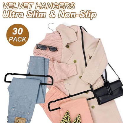 Pants Hangers Space Saving, 30 Pack Velvet Hangers for Closet with 30 Hooks, Strong Durable Non Slip Slim Clothes Hanger, Ultra Soft Flocked Hanger for Pants, Shirts, Bra, Shorts (Black) - color: Black