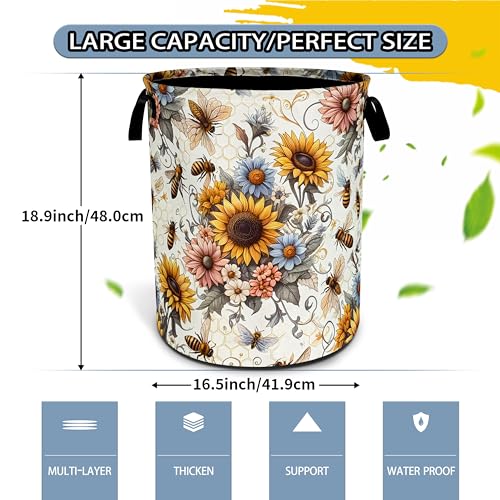Bee Sunflower Laundry Basket Flower Foldable Waterproof Oxford Cloth - color: bee flower