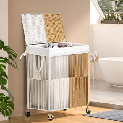 WOWLIVE Rolling Laundry Basket Wheels, Handwoven Laundry Hamper with Lid - color: White and Natural, size: 115L(22 x 13 x 26.4 Inches)