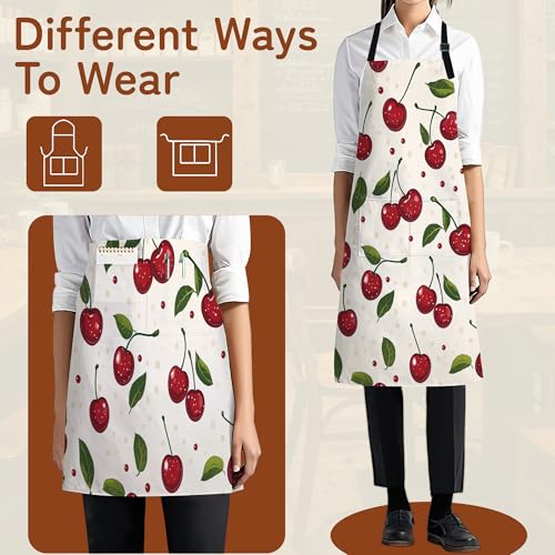 Cooking Aprons for Men and Women,Adjustable Bib Chef Apron with 2 Pockets, Soft and Durability Kitchen Apron - color: Cute Red Cherry