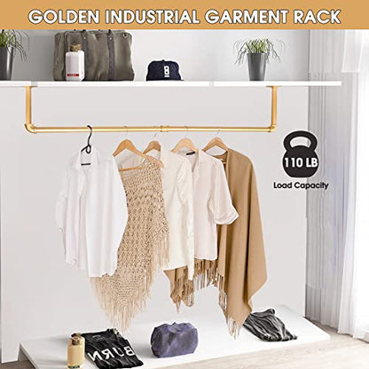 Gold Wall Mount Iaundry Drying Rack - 54" Pipe Garment Rack, Portable Heavy Duty Iron Closet Hanger Rod, Modern Metal Detachable DIY Hanging Bar for Laundry Room and Closet Storage - size: Gold 54" x1 pcs(2Base)