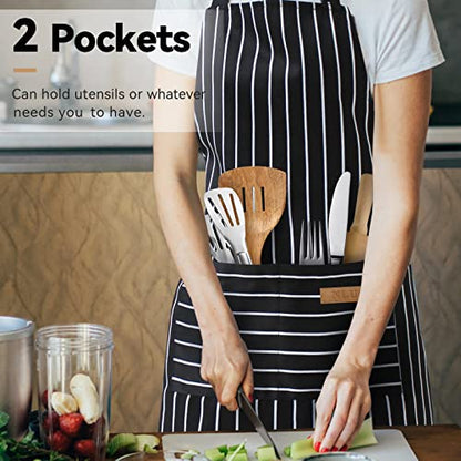 NLUS 2 Pack Cooking Aprons for Women with Pockets Adjustable Kitchen Bib Aprons for Women Men Chef, Black/White Stripe (Classic Black/White Stripes) - color: White/Black-2