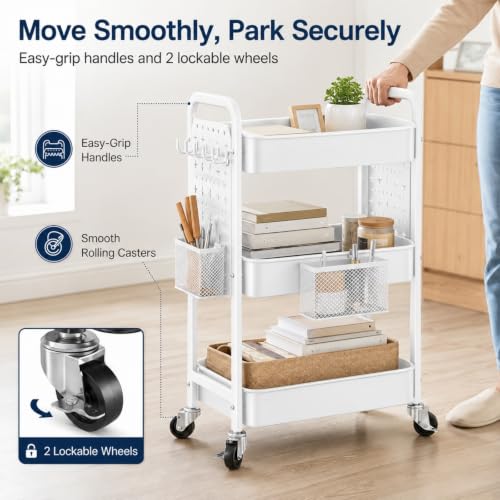 3 Tier White Rolling Storage Cart Metal with DIY Pegboard and Wheels - color: White