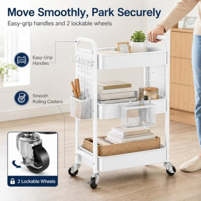 3 Tier White Rolling Storage Cart Metal with DIY Pegboard and Wheels - color: White