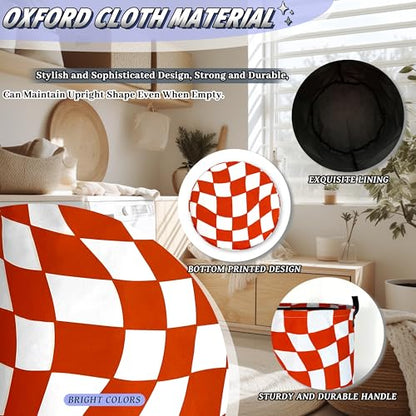 Orange Checkerboard Laundry Basket Oxford Cloth Foldable Hamper 18.9x16.5In - color: Orange Checkerboard Pattern