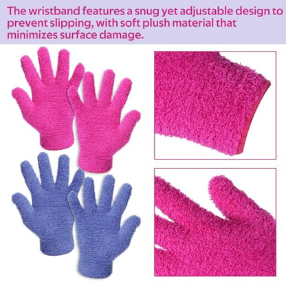 2 Pairs Plant Gloves Dusting, Microfiber Dusting Gloves Reusable Washable Plant Cleaning Glove for Plants, Cars, Blinds, Windows Blue and Rose Red