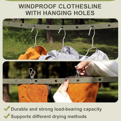 3 Pack Portable Clothesline with Hang Hole, 30 Clips Camping Clothing Line