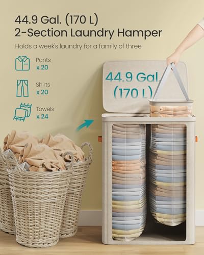 SONGMICS Laundry Basket, 170L Laundry Hamper with Lid, 2 Removable Bags - color: Cappuccino Beige, size: 170 L (2-Section)