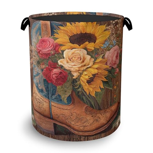 Cowboy Boots Laundry Basket,Wooden Sunflowers Foldable Oxford Cloth Tote Bag Laundry Hamper Clothes Storage Bucket Organizer for Bedroom Laundry Storage Dormitories 16" x 20.8" - color: Cowboy Boots Wooden Sunflowers