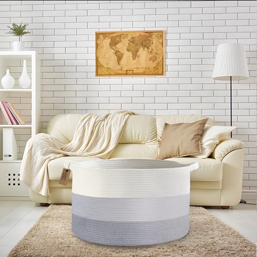COMFY-HOMI XXXL Large Laundry Basket, Cotton Rope Nursery Woven Basket for Storage, Blanket Baskets Living Room Laundry Hamper, Dog Toy Storage Organizer, Home Decor - color: white/grey/dark grey, size: 21''x21''x13.6''